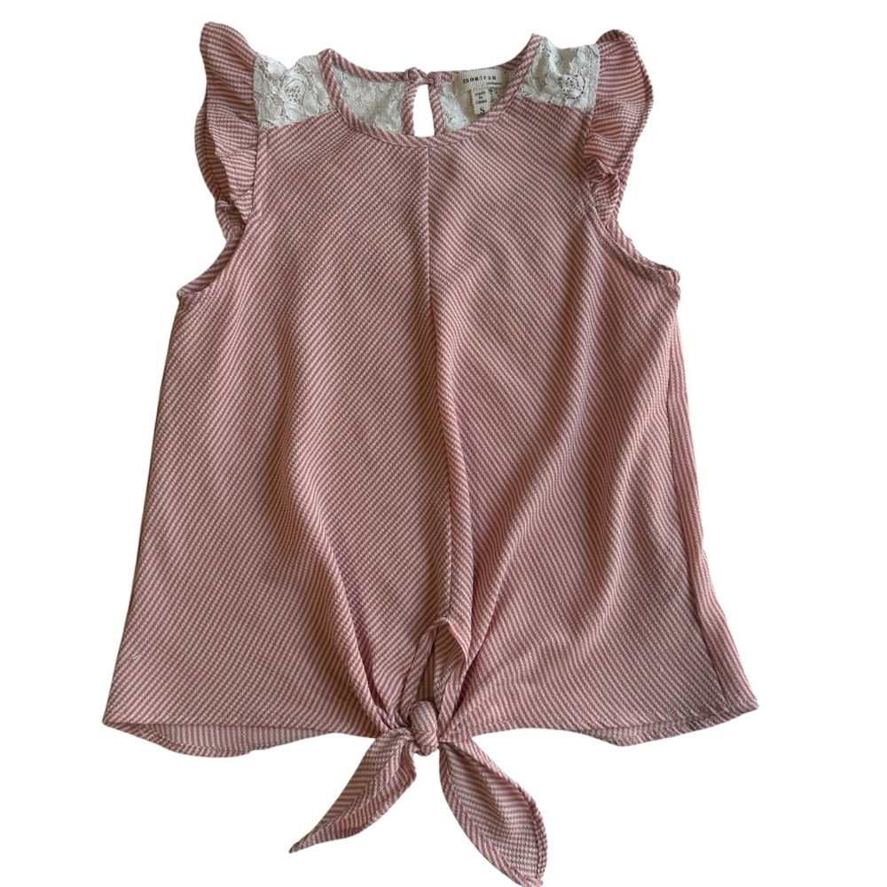 Monteau Girls White And Pink Striped Ruffle Blouse Size Small